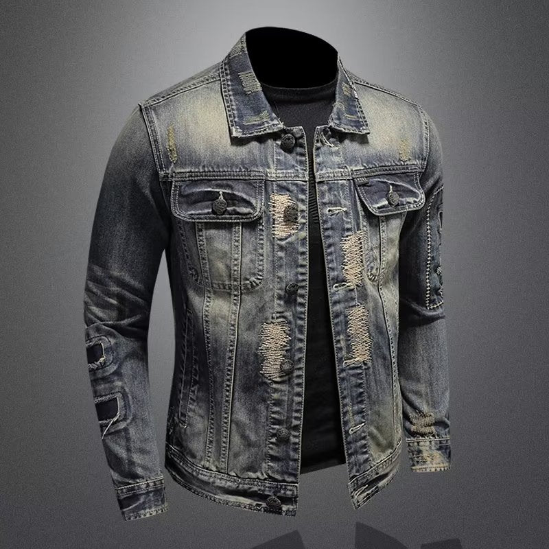 Retro Distressed Men's Denim Coat for Spring and Autumn