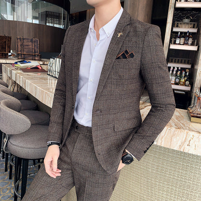 Men's Casual Suit Fashion Plaid Two-piece Set