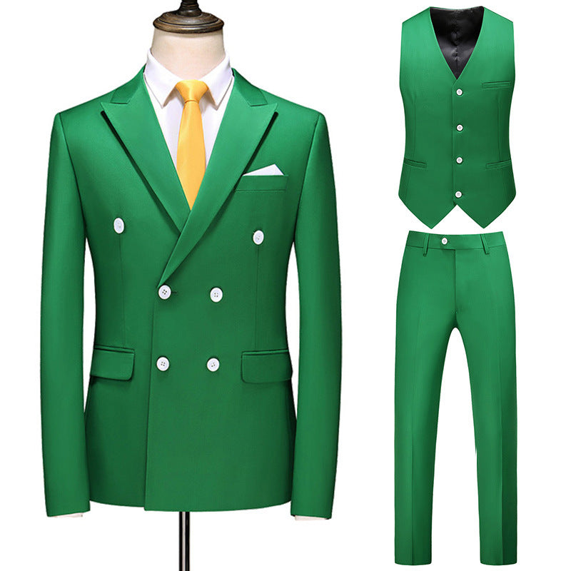 Men's Oversized Double Breasted Solid Color Suit Three Piece Set Green