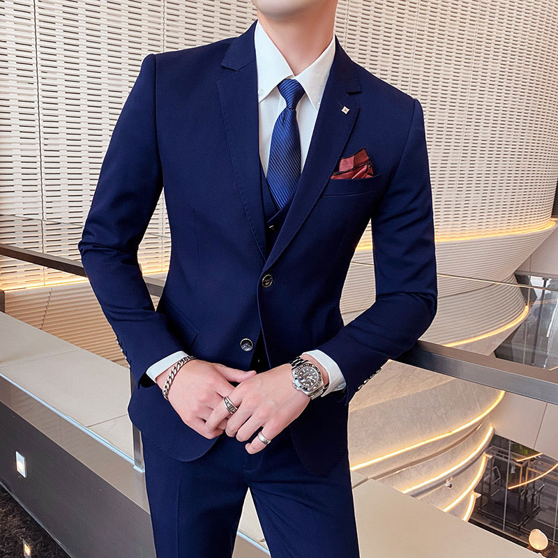 Casual Single Row Buckle Men's Suit Three-piece Suit SJT118 Navy Blue