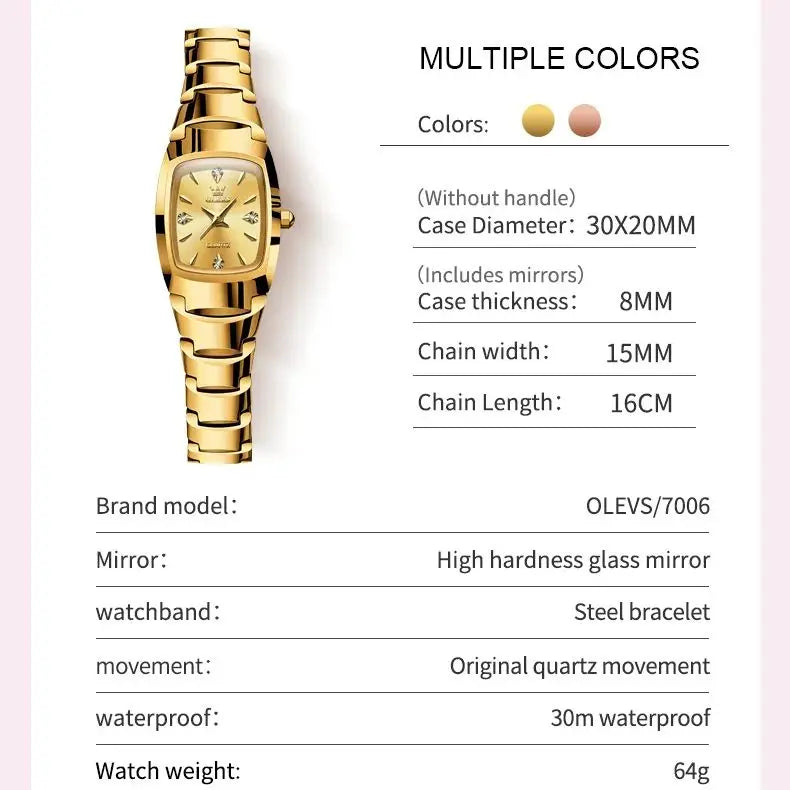 OLEVS Tonneau Tungsten Steel Women's Watch | Luxury Gold Quartz Watch, Waterproof, Luminous Hands