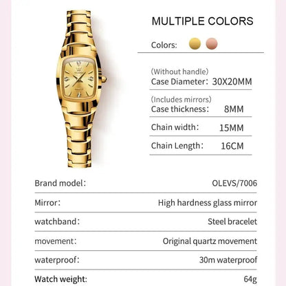 OLEVS Tonneau Tungsten Steel Women's Watch | Luxury Gold Quartz Watch, Waterproof, Luminous Hands