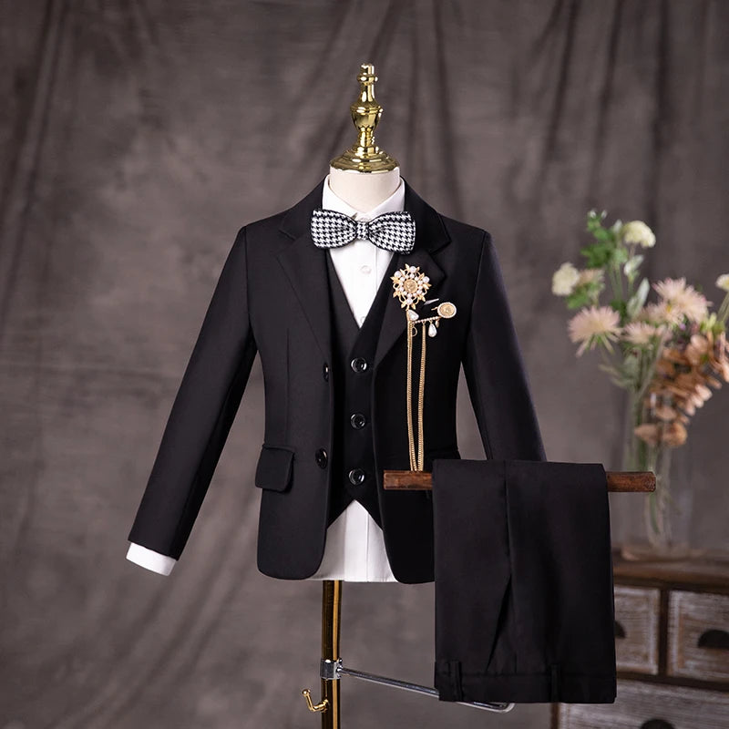 Flower Boys Black Wedding Suit Set | Kids Formal 3PC Jacket Vest Pants | Birthday, Graduation, and Performance Costume