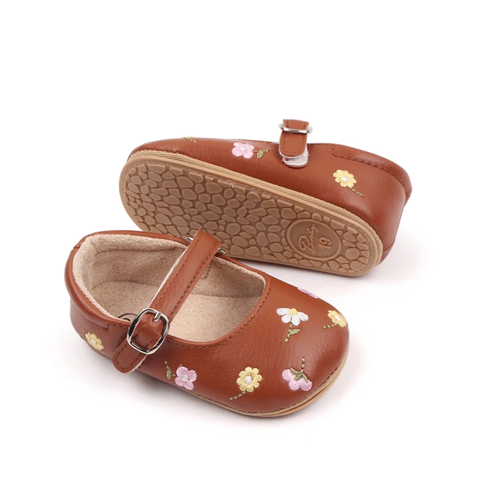 Baby Girls Mary Jane Flats PU Leather Infant Dress Shoes Floral Embroidery Princess Shoes 0-18M