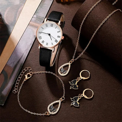 5PCS Luxury Rhinestone Women Watch Set | Elegant Quartz Wristwatch with Earrings, Necklace, and Bracelet | Perfect Gift for Women