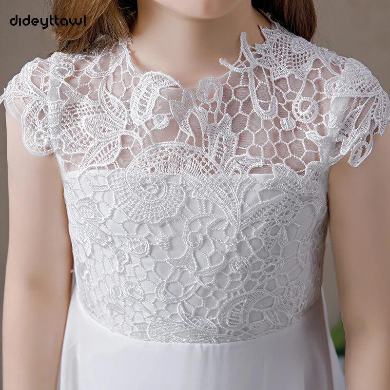 Dideyttawl Lace Chiffon First Communion Gown | A-Line High Neck Junior Bridesmaid Dress with Cap Sleeves