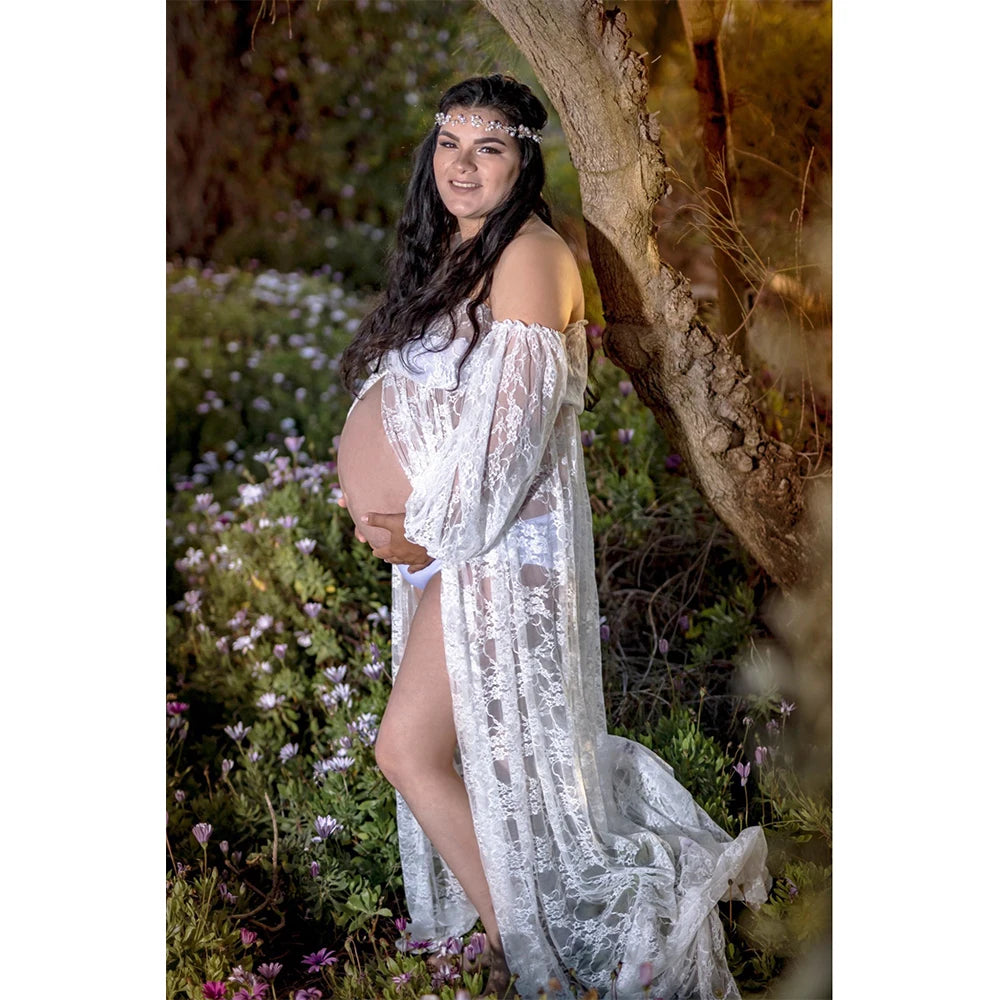 Maternity Off Shoulder Lace Maxi Dress White Long Gown for Pregnancy Photoshoot