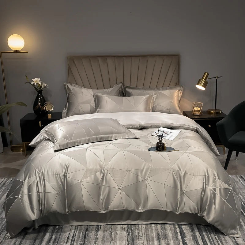 2024 new silk bed set with geometric patterns, washable, cool, machine washable. Khaki 200x230cm