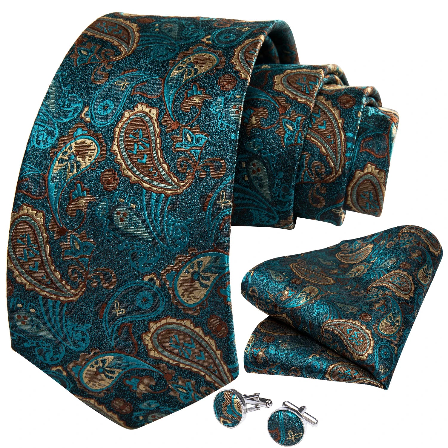 8cm Green & Gold Paisley Silk Polyester Tie Set | Wedding & Party Accessories with Pocket Square & Cufflinks | DiBanGu Necktie Gift