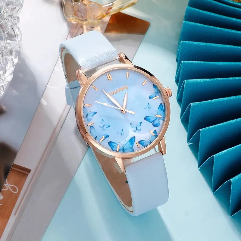 5-Piece Set: Creative Butterfly Dial Women's Quartz Watch | Leather Strap Wristwatch with Bracelet, Necklace & Earrings