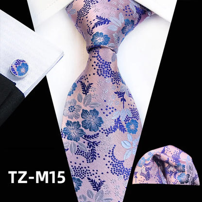 Floral Pink Silk Tie Set for Men – Wedding & Party Neck Tie with Handkerchief, Brooch, and Cufflinks TZ-M15