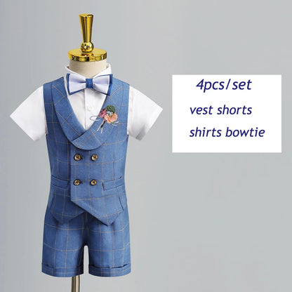 Child's Formal Vest Suit Set | Boys' Summer & Autumn Wedding Outfit | First Birthday & Performance Costume | Kids' Waistcoat & Shorts Clothing short sleeve 4pcs