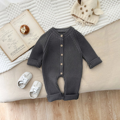 Personalized Solid Knitting Cotton Long Sleeve Outfit Toddler Baby Boys Girl Romper Spring Autumn Newborn Baby Girls Jumpsuit GRAY