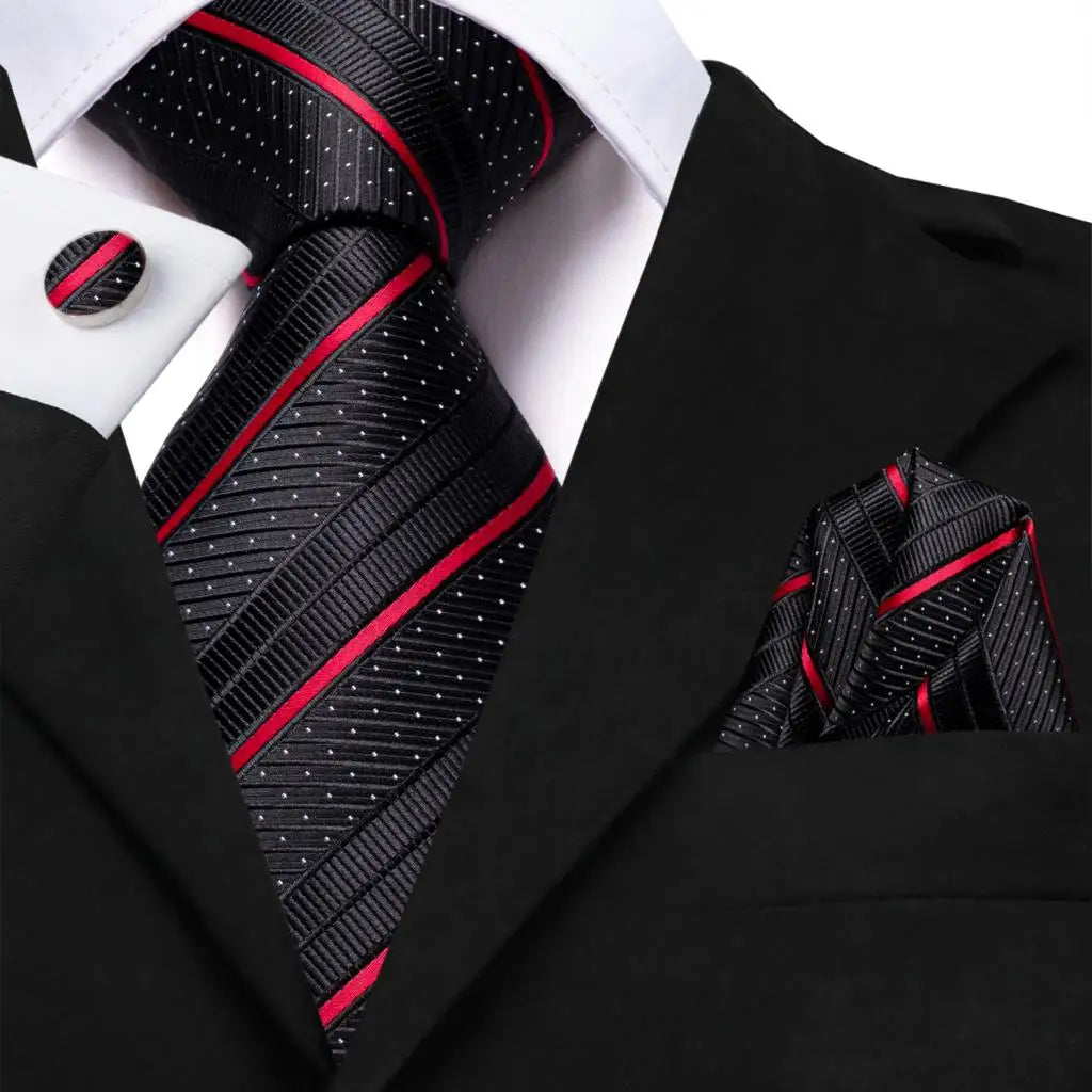 Black Red Striped Silk Wedding Tie For Men Handky Cufflink Gift Men Necktie Fashion Business Party Dropshiping Hi-Tie Designer