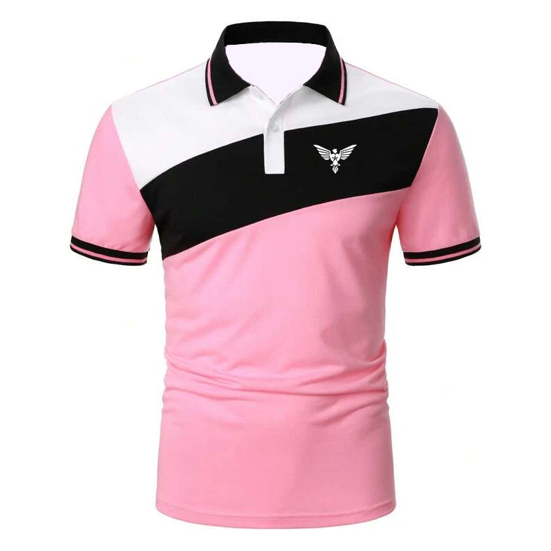 Men Summer Short Sleeve Spell Color Casual Tops Polo Shirt , Men Sport Lapel Tops Polo Shirt . PL43-LY03-pink