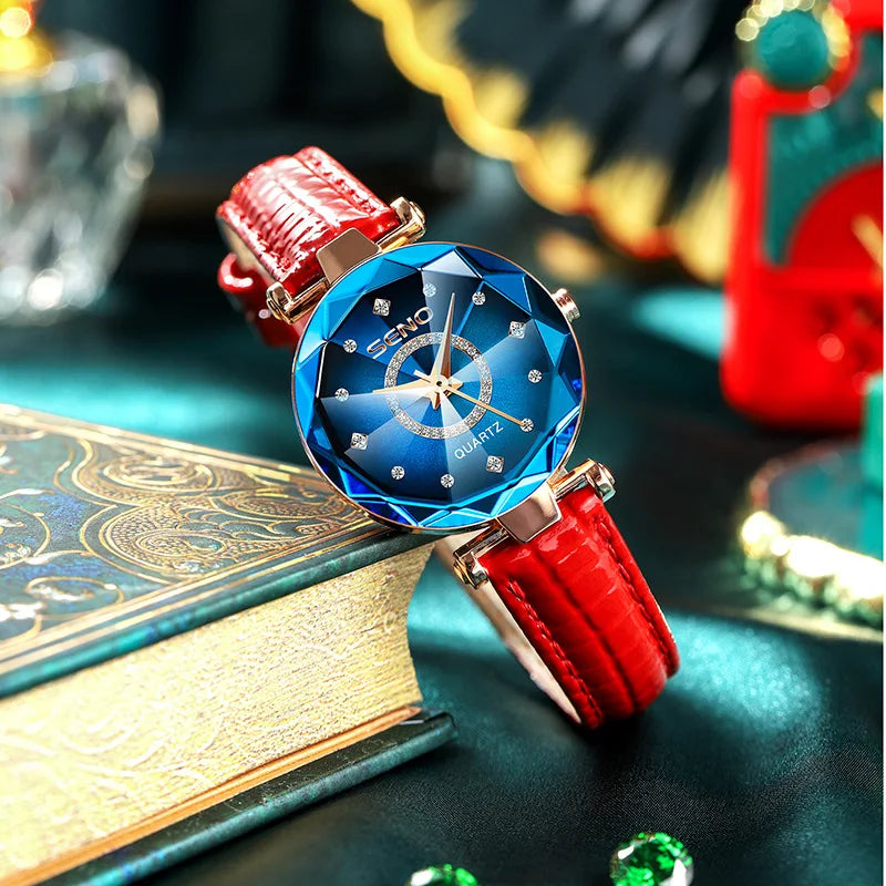 SENO Ocean Star Women Crystal Watch 2024 Top Brand Luxury Rose Gold Women Bracelet Watch for Ladies Wrist Watch Relogio Feminino leather blue