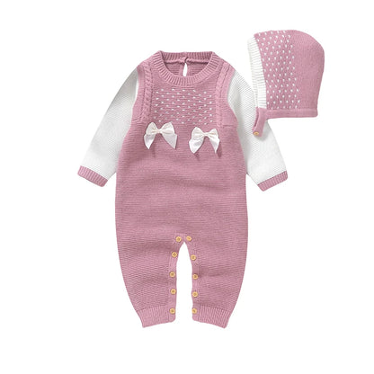 Newborn Baby Rompers Knit Infant Girl Jumpsuit Cute Bows Autumn Kid Clothes Hat Child Overalls 0-18M Outfit Warm Long Sleeve 2pc HD63S1062