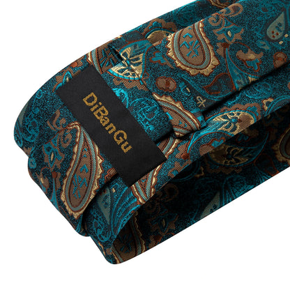 8cm Green & Gold Paisley Silk Polyester Tie Set | Wedding & Party Accessories with Pocket Square & Cufflinks | DiBanGu Necktie Gift