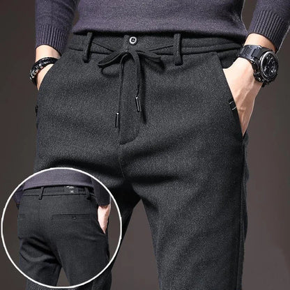 Plus Fleece Thicken Men's Casual Sport Pants Streetwear Fashion Autumn Winter New Male Clothing New Solid Full Straight Trousers YB16 Black Thin