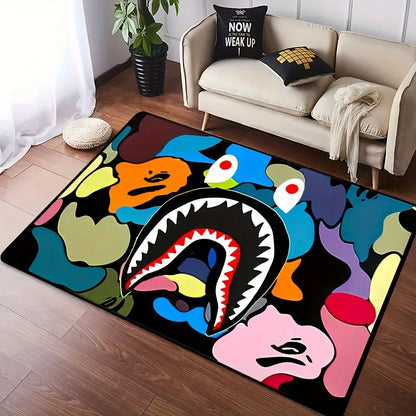 Camo Shark Face Area Rug | Non-Slip Washable Carpet for Kitchen, Living Room, Bathroom & Bedroom