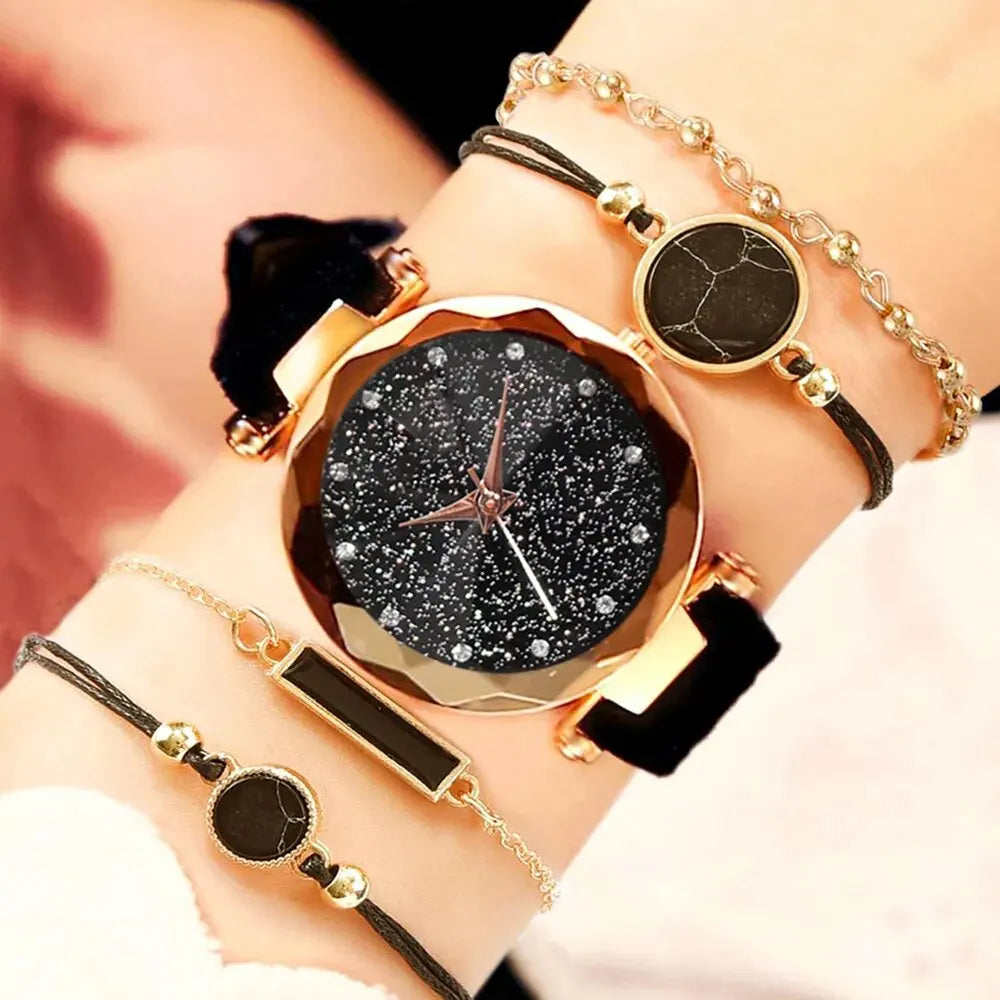 5pcs Women's Fashion Watch Set | Elegant Black Analog Wrist Watches with Bracelets XR4944-B-H35