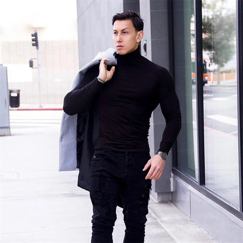 Autumn New Turtleneck T Shirts Men Knitting Shirt Slim Fit Fitness Elastic Clothes Long Sleeve T-Shirt Casual High Neck Tops