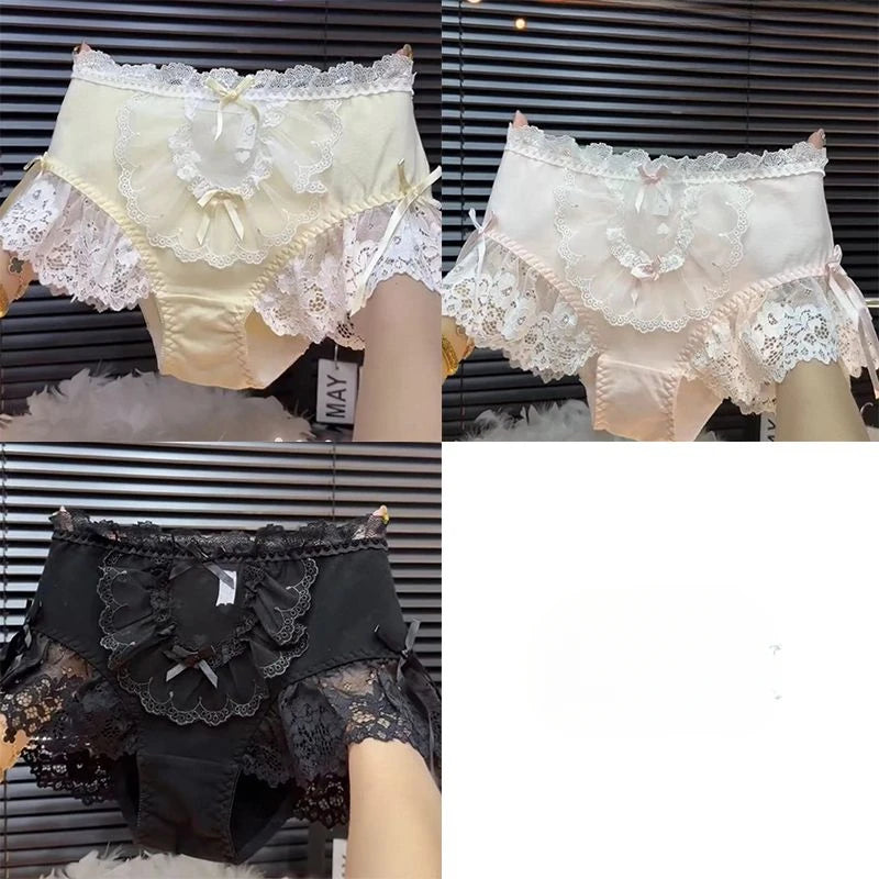 Oversized 95kg French Princess Lolita Triangle Panties Lace Bow Hollow Fairy Briefs High Waist Sweet Sexy Girls Underwear New Black yellow pink 3pcs