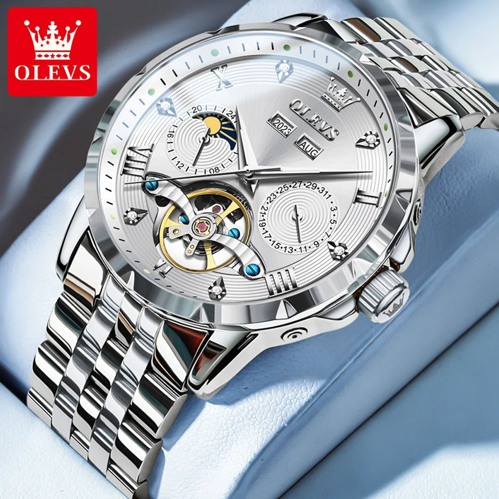 OLEVS 6691 Men's Luxury Automatic Mechanical Watch | Multi-Function Flywheel & Moon Phase | 3Bar Waterproof Silver White United States