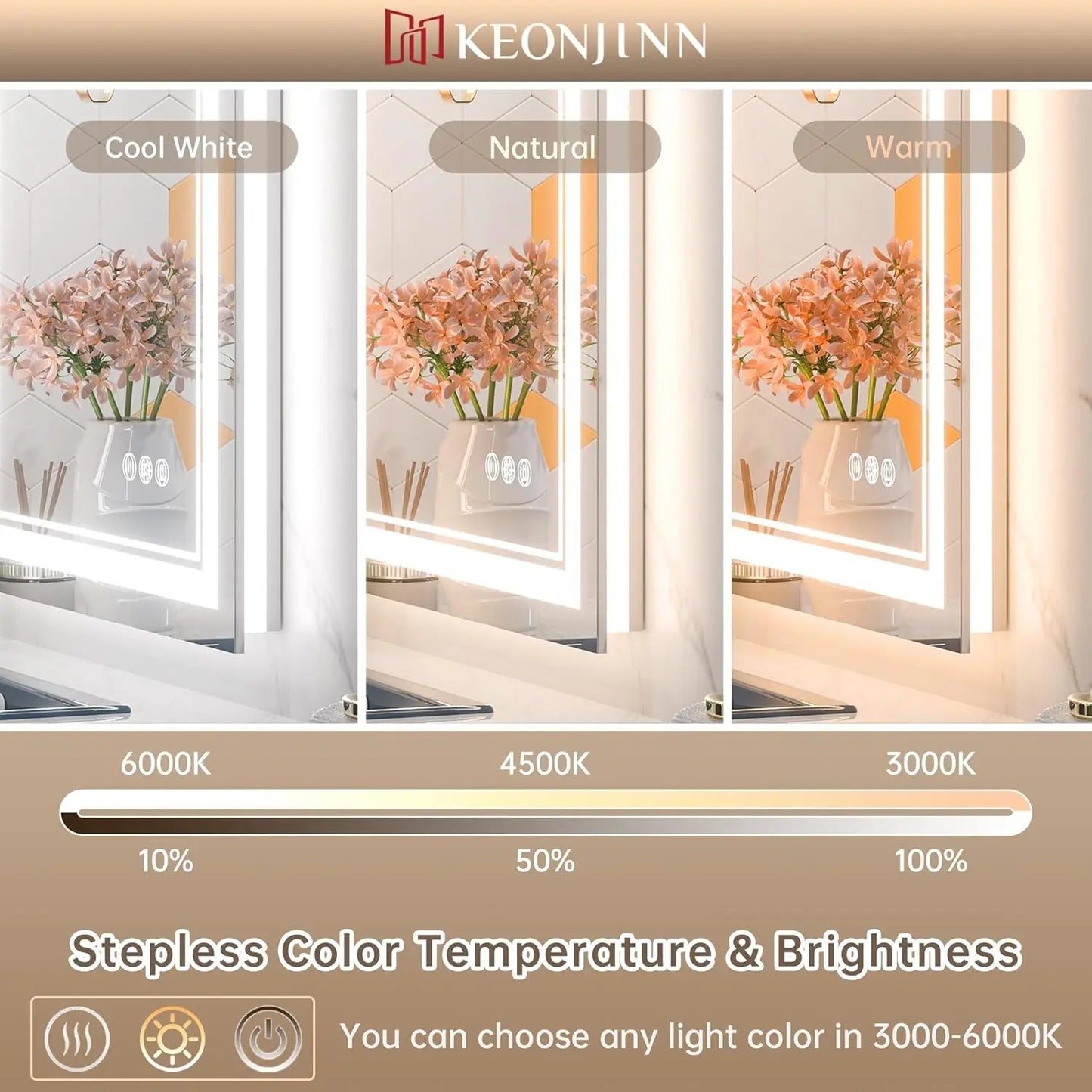 Keonjinn 42 x 36 Inch LED Bathroom Mirror – Frontlit & Backlit, Dimmable with 3 Color Temperature Settings, Anti-Fog, Tempered Glass