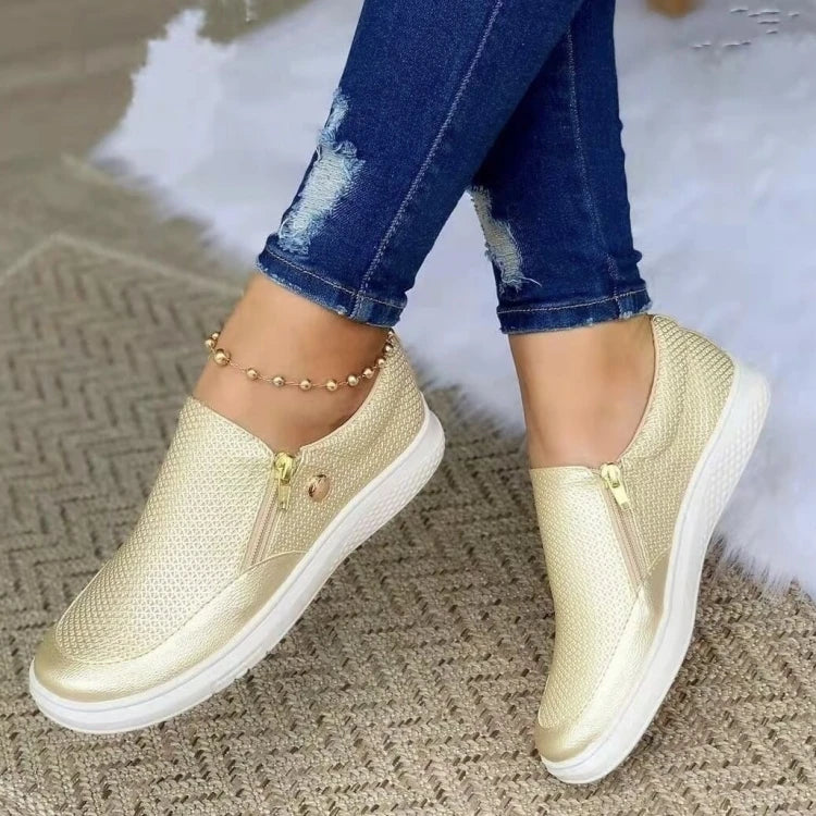 Platform Sneakers for Women - White Vulcanized Slip-On Shoes, Luxury Tennis Feminino 2024 Gold