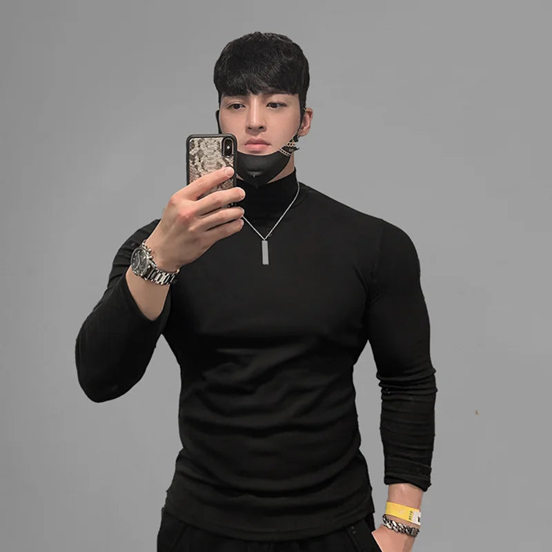 Autumn New Turtleneck T Shirts Men Knitting Shirt Slim Fit Fitness Elastic Clothes Long Sleeve T-Shirt Casual High Neck Tops Black