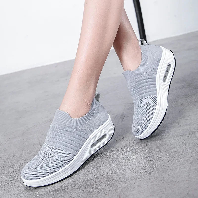 Women's Fashion Wedge Platform Sneakers - Casual Air Cushion Sport Shoes for Ladies Gray 02