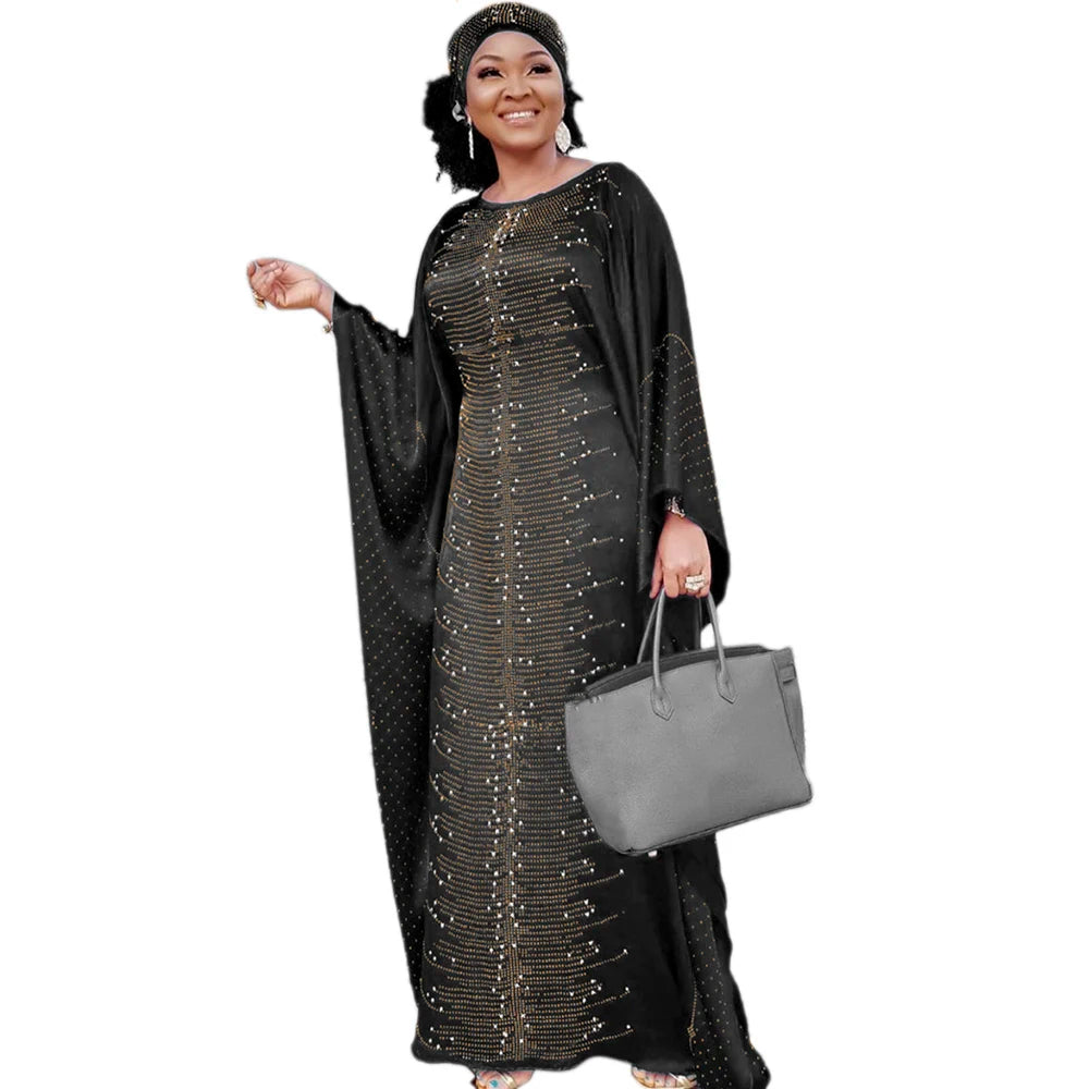 African Dresses for Women Muslim Fashion Abayas Boubou Dashiki Traditional Africa Clothes Ankara Outfit Evening Gown and Headtie black One Size