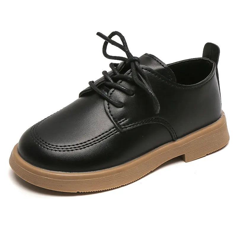 Children's British Style Leather Shoes - Lace-Up Low Heel Loafers for Boys and Girls Black