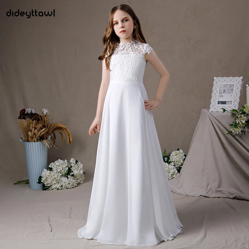 Dideyttawl Lace Chiffon First Communion Gown | A-Line High Neck Junior Bridesmaid Dress with Cap Sleeves