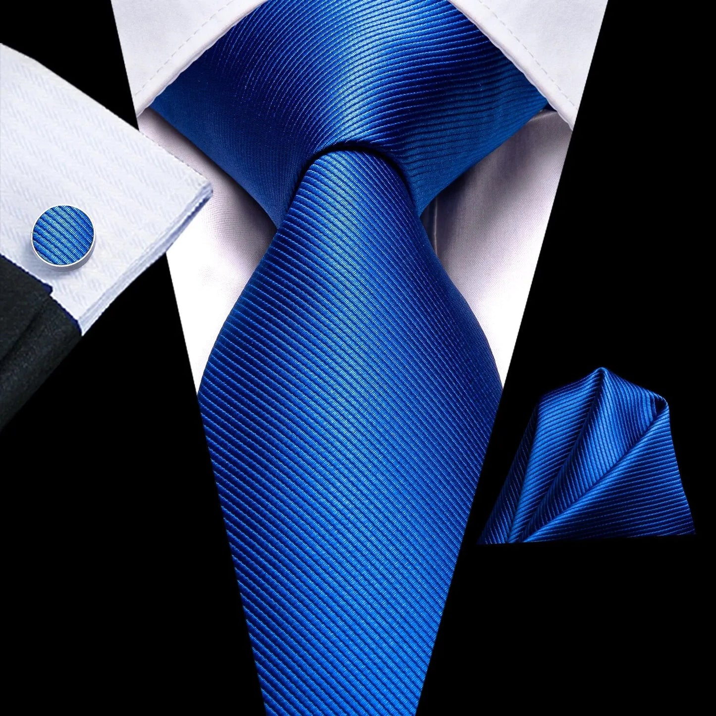 Barry.Wang Formal Men's Tie Handkerchief & Cufflinks Set – Jacquard Solid Striped Necktie in Blue, Gold, Green BWN0850