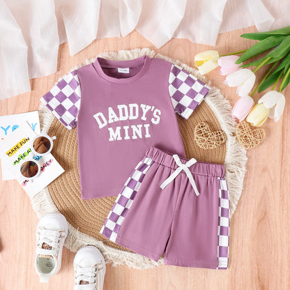 2PCS Summer 0-4 Years Old Cute Fashion Trend Baby Girls Universal Comfortable Soft Daddys Mini Letter Multicolor Plaid Set