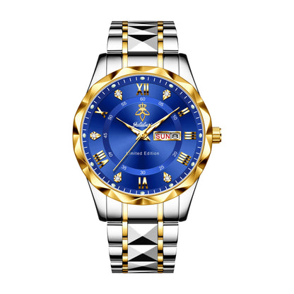 Yalalusi Luxury Men’s Quartz Watch – Waterproof, Date & Week Display, Luminous Stainless Steel Sports Wristwatch with Gift Box Blue