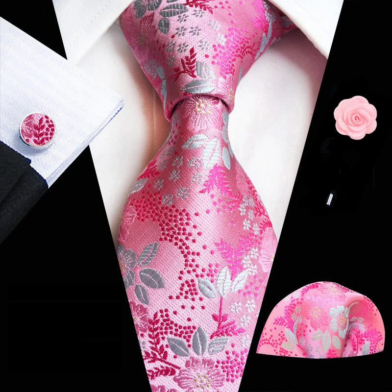 Floral Pink Silk Tie Set for Men – Wedding & Party Neck Tie with Handkerchief, Brooch, and Cufflinks TZ-MF13-2