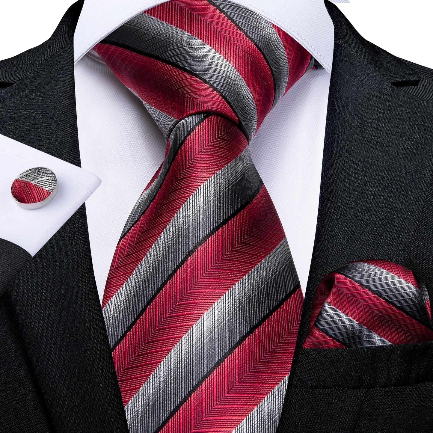 Luxury Red Plaid Silk Tie Set for Men | Business & Wedding Accessories with Handkerchief & Cufflinks | DiBanGu Designer Collection N-7235