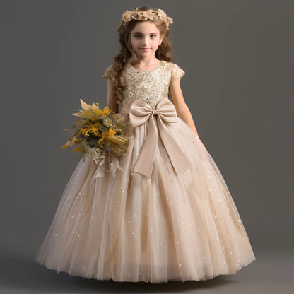 Elegant White Flower Girl Bridesmaid Dress for Girls | Mid-Calf Kids Party & Communion Ball Gown Champagne