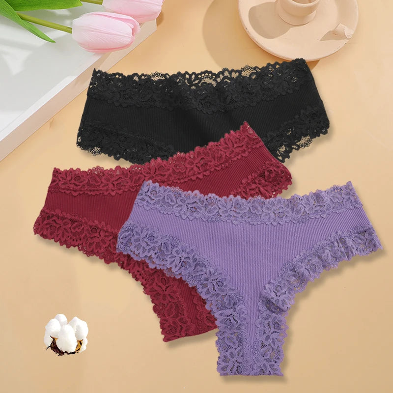 3PCS/Set Women Cotton Seamless Panties Sexy Lace Brazilian Panties Low Rise Soft Breathable Lingerie for Female G-String Briefs Set 5 3pcs