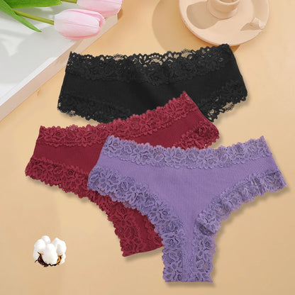 3PCS/Set Women Cotton Seamless Panties Sexy Lace Brazilian Panties Low Rise Soft Breathable Lingerie for Female G-String Briefs Set 5 3pcs