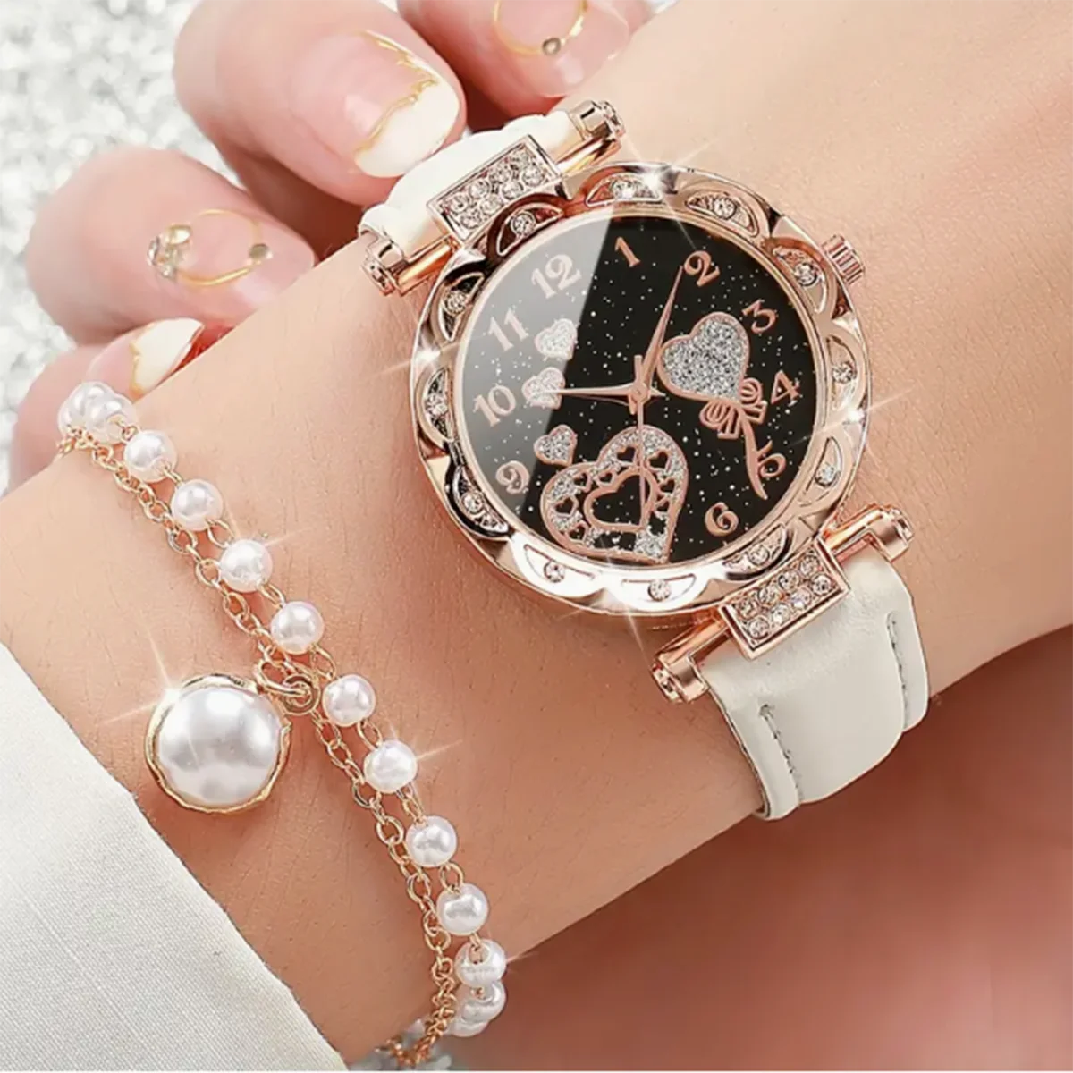 4-Piece Women's Shiny Rhinestone Quartz Watch & Faux Pearl Jewelry Set | Elegant Gift for Mom or Her