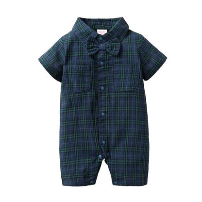 Newborn Baby Boy Jumpsuit Short Sleeves Plaid Gentleman Romper with Bow Tie Summer Fashion One Piece for Toddler 0-18Months WG-XP1010