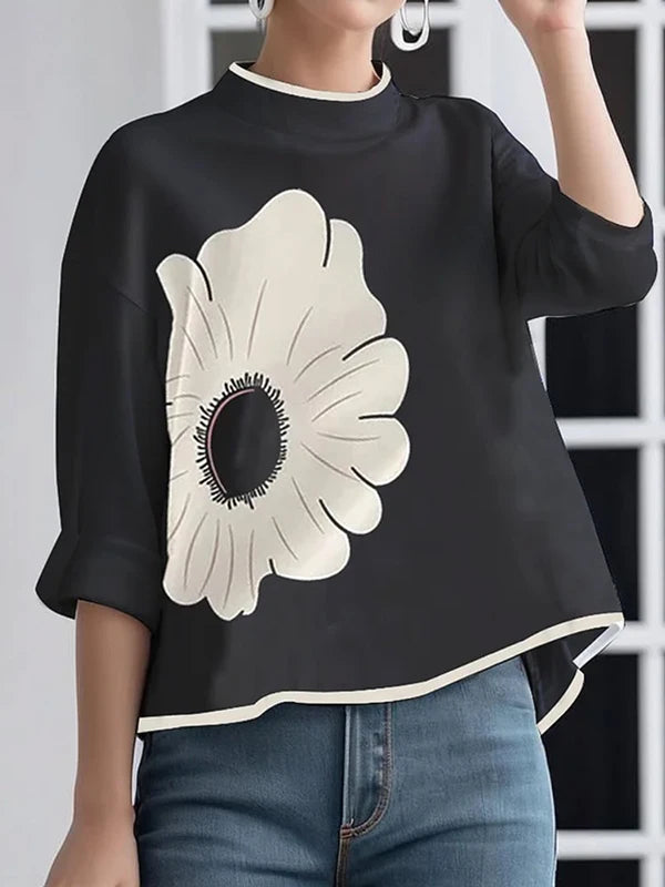 Uoozee Female Stylish Selection High-Low Flower Printed Blouse 2024 New Spring Summer Stand Collar Casual Trendy Shirts Tops BLACK