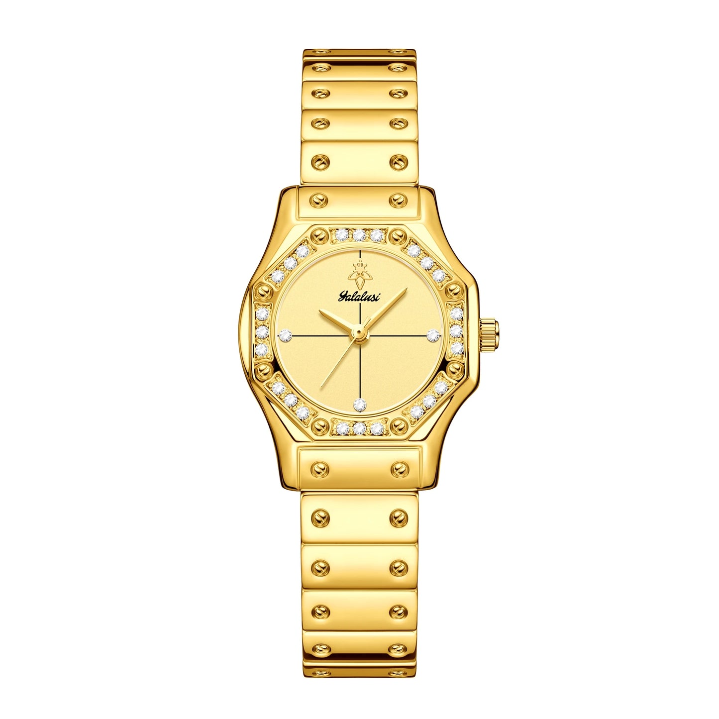 Yalalusi Classic Women's Luxury Watch – Gold with Crystal Diamonds, Real Gold Plating, & Gift Box – Perfect for Her Gold Gold