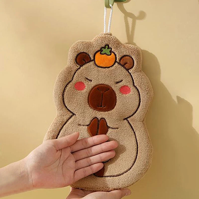 Cute Capybara Cartoon Hand Towel – Quick-Drying Coral Fleece Hanging Towel for Kitchen & Bathroom, Soft Face Washcloth