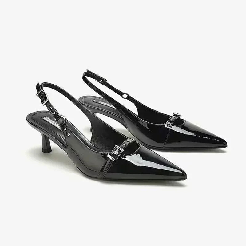 2024 Black Pointy Kitten Heel Sandals with Buckle - JAYHW Summer Collection