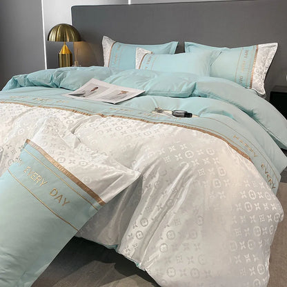 Luxury Jacquard Duvet Set with Pillowcases, 3/4 Pieces Blue Green